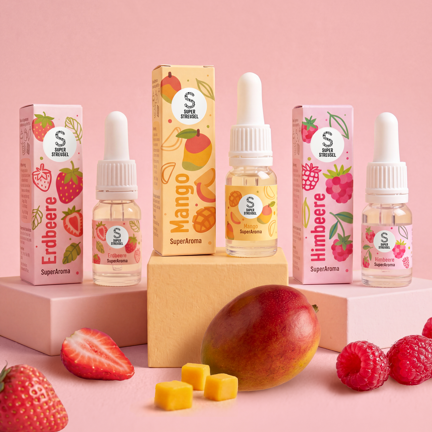 SuperAroma FruchtPower Set mit den Backaromen Erdbeere, Himbeere und Mango